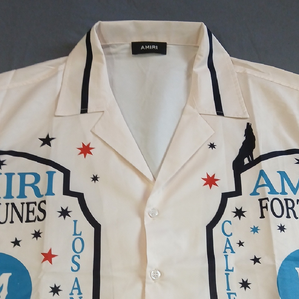 “ANIRi?!” Cream and Blue Graphic Button Down Shirt